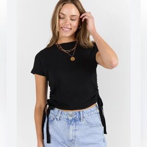 Pink Lily On The Road Again Black Waffle Knit Cropped Ruched Side Tee Small S